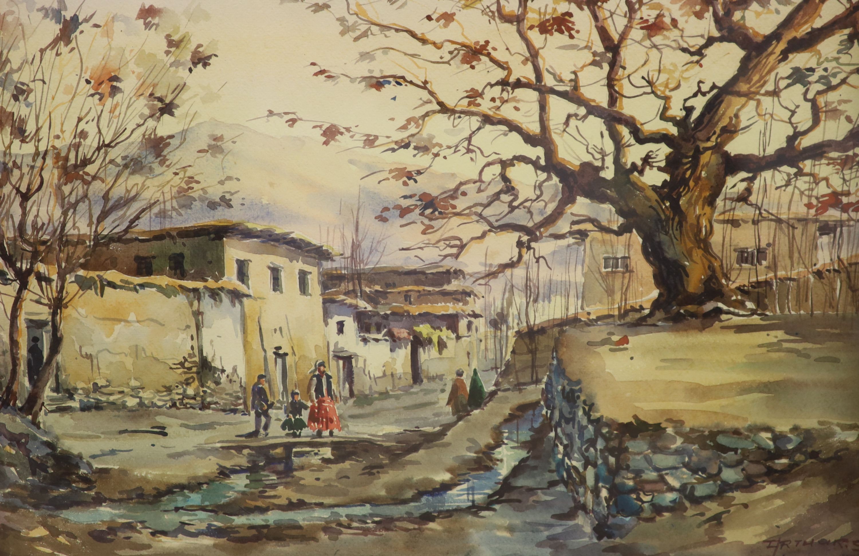 Arthur Sarkinssian (Armenian, 1960)-, pair of watercolours, Tehran street scenes 1964, indistinctly signed, 29 x 44cm